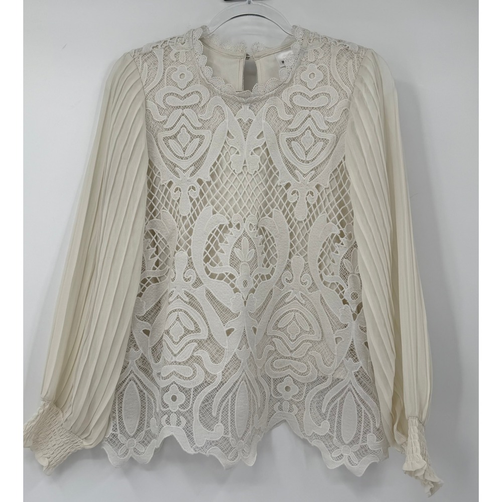 Bailey 44 Womens Cream Lace Pleated Long Sleeve Blouse Ivory M Scalloped Hem